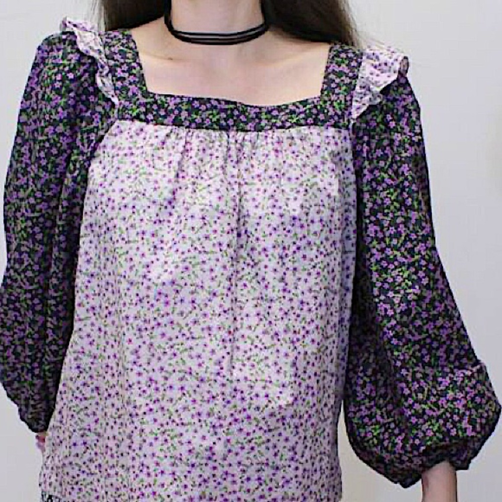 Carolina Belle Cottagecore Balloon Sleeve Blouse in Micro Floral Print